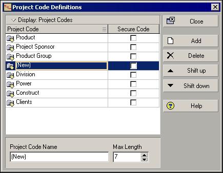 To add values to a project code, click Close in the Project Code Definitions dialog box.