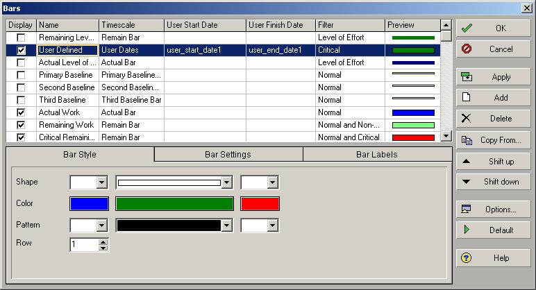 172 Part 1: Overview and Configuration You must create user-defined start date and finish date fields in the User Defined Fields dialog before you can create bars for these fields in the Gantt chart.