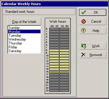 Creating Calendars 183 Select a day of the week to set its default number of work hours. Click to make the selected hour a work hour.