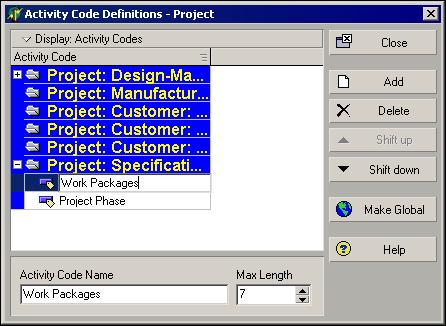 Establishing Activity Codes 189 Create project activity codes Open the project for which you want to create activity codes, then choose Enterprise, Activity Codes. Choose Project, then click Modify.