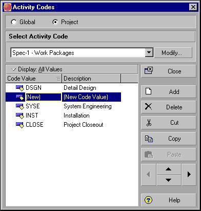 Project activity codes are listed beneath the name of the open project. Create project activity code values Choose Enterprise, Activity Codes. Choose Project.