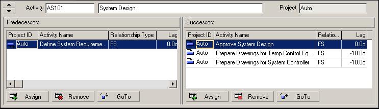208 Part 3: Implementing the Schedule To assign a relationship between projects, click the Display Options bar in the Assign Predecessors/ Assign Successors dialog box, then choose Select Project.