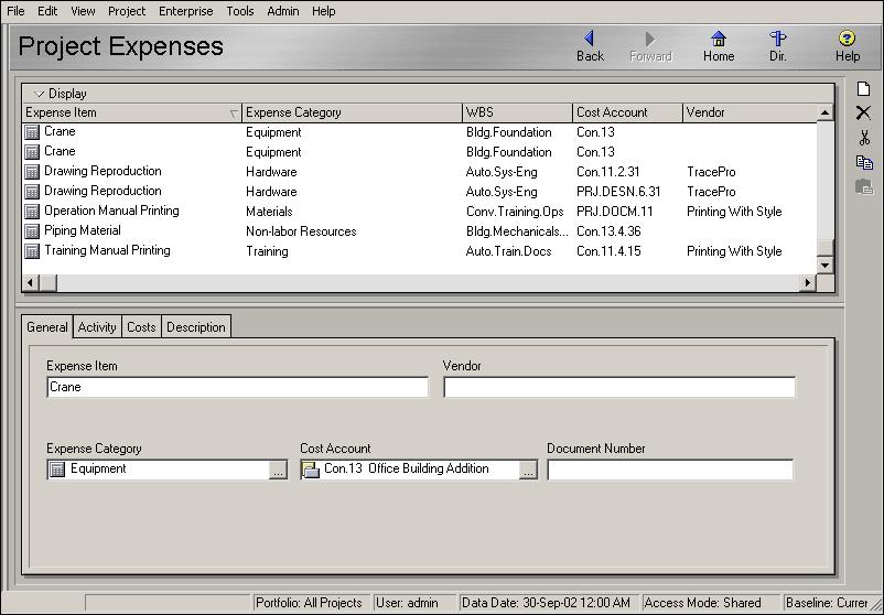 Working with Cost Accounts and Project Expenses 233 Adding Expenses and Entering Cost Information Use the Project Expenses window to create, view, and edit expenses and related cost information for