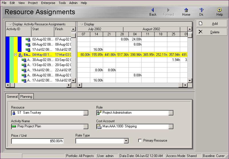 Updating, Scheduling, and Leveling 289 Managing Resource Assignments Use the Resource Assignments window to add and view all resource assignments, grouped by resource, for all currently open projects.