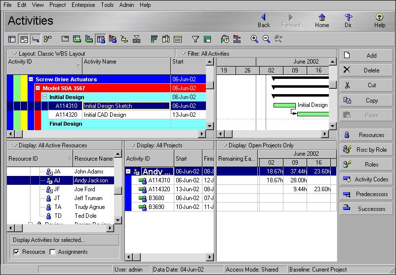 368 Part 5: Customizing Projects Resource Usage Spreadsheet Displays resource data in spreadsheet format. This spreadsheet can be displayed in the bottom layout only.