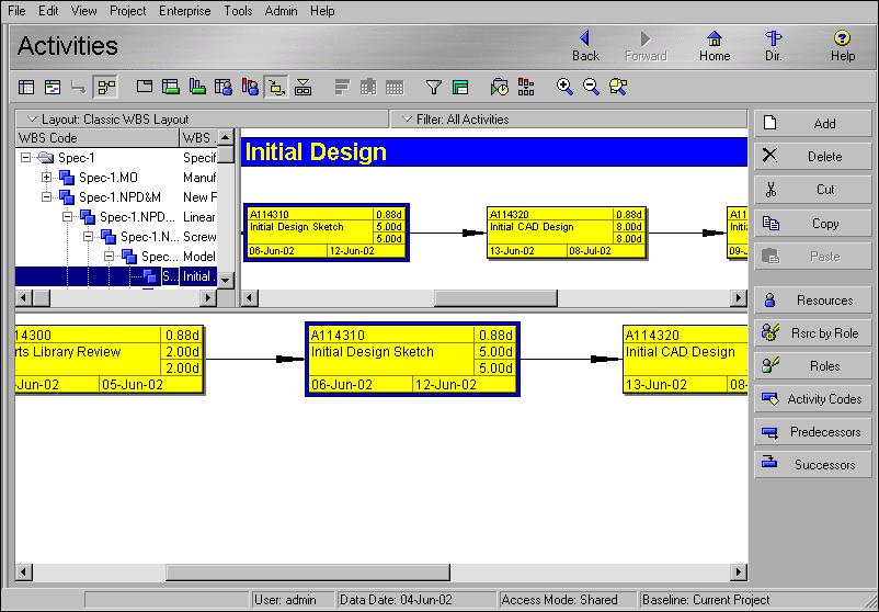 Working with Layouts 369 Trace Logic Provides a graphical display of dependency relationships for an activity you select in either the Activity Table or Activity Network.