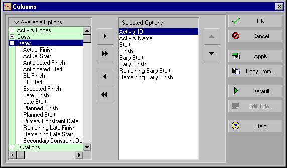 Customizing Layouts 385 Add or remove columns In the Activities window, click the Layout Options bar, then choose Columns.