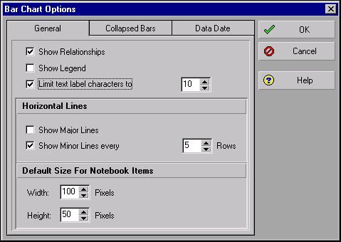 392 Part 5: Customizing Projects Set the default size for notebook items in the Gantt Chart In the Bars dialog box, click Options. Click the General tab.