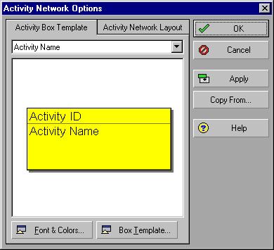 Customizing Layouts 397 Activity ID Total Float Activity Name Original Duration Remaining Duration Early Start Early Finish Choose an Activity Network box template With an Activity Network layout