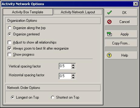 Customize the Activity Network layout With an Activity Network layout displayed in the Activities window, click the Layout Options bar, then choose Activity Network, Activity Network Options.