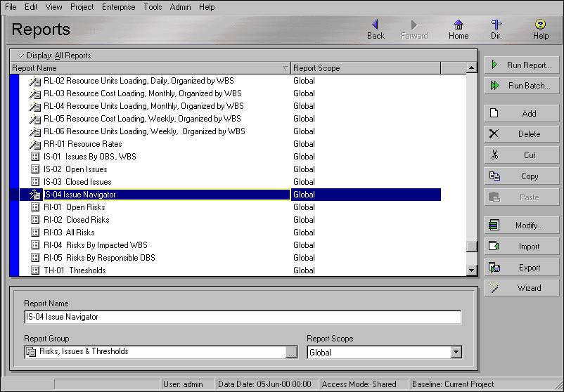 Customizing Reports 409 Opening Reports Use the Reports window to create, edit, run, and delete global and project reports.