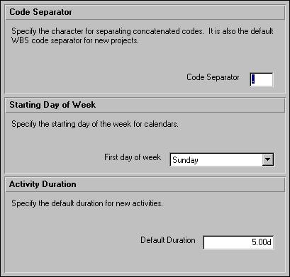 30 Part 1: Overview and Configuration Defining Default Settings Use the Admin Preferences dialog box to specify default settings established by the project controls coordinator.