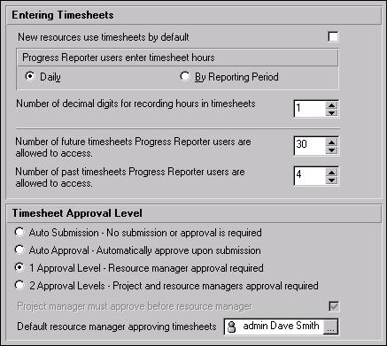Defining Administrative Preferences and Categories 31 Timesheets Use the Timesheets tab to specify default setup options when using Progress Reporter.