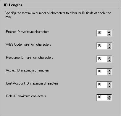 34 Part 1: Overview and Configuration ID lengths Use the ID Lengths tab to specify the maximum number of characters for IDs and codes.