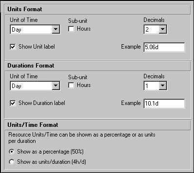 50 Part 1: Overview and Configuration Formatting Time Units Time unit settings affect how Project Manager displays time unit values in tracking layouts, activity durations, resource prices,