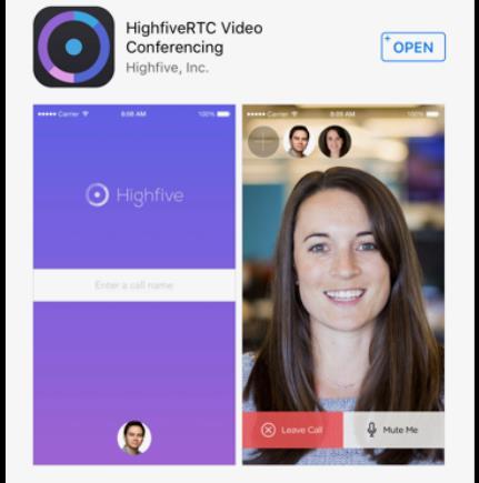 Installing on an Apple device 1. On the Iphone go to the app store and search for highfive video conferencing 2. In the list scroll down to HighfiveRTC Video Conferencing, download and open the app.