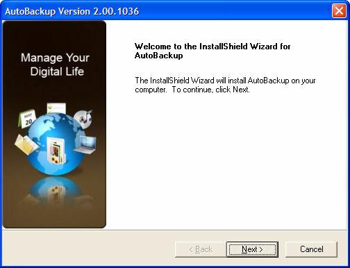 Figure 12: AutoBackup Welcome Step 6: Click Next. The AutoBackup software requires that Microsoft.NET Framework 1.