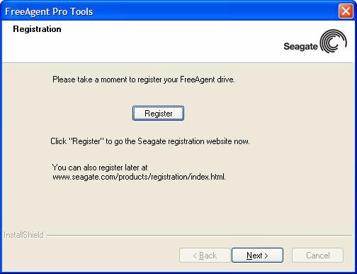 Figure 16: FreeAgent Registration. Step 9: Click Register to be redirected to the Seagate website if you want to register your FreeAgent drive now.