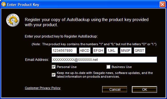 Figure 2: Enter Product Key Step 2: Enter your product key (found on the Quick Start Guide included in your FreeAgent drive shipping carton) and email address, Step 3: Click OK.