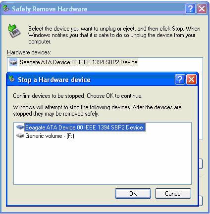Figure 5: 1394 Safely Remove Hardware Messages The FreeAgent drive is listed as an IEEE 1394 device in the Safely Remove Hardware window.