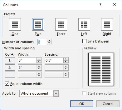 102 Lesson 5 On the Layout tab, in the Page Setup group, the Columns menu lists these options for creating common column formats: One: Formats the text into a single column Two: Formats the text into
