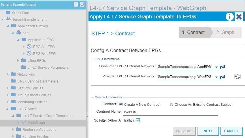 Apply a Service Graph Template Before You Begin a tenant. an application profile with EPGs. Step 1 Step 2 Step 3 Step 4 Step 5 Step 6 Sign in to the APIC. On the menu bar, click Tenants.