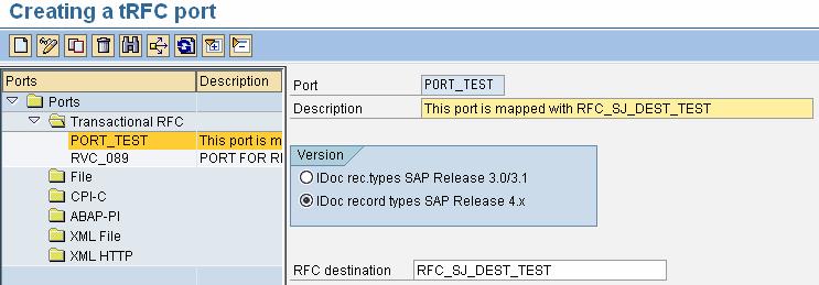 The next screen will appear Give the description of the port and select the RFC destination (in this example RFC_SJ_DEST_TEST