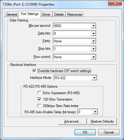 Electrical Interface, Line Termination, and Echo Selection via Software DIP switch configuration can be overridden by software settings if so desired, via Port Settings tab in Control Panel.
