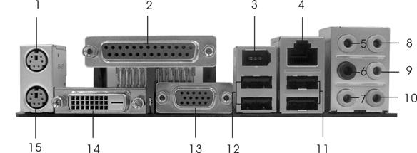 ASRock DVI_1394 I/O 1 PS/2 Mouse Port (Green) * 9 Front Speaker (Lime) 2 Parallel Port 10 Microphone (Pink) 3 IEEE 1394 Port 11 USB 2.0 Ports (USB01) 4 RJ-45 Port 12 USB 2.