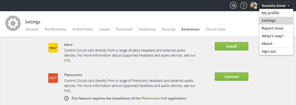 Tool extensions Call Control for Jabra devices This feature allows you to control your Circuit calls directly from a range of Jabra headsets and external audio devices. 1.