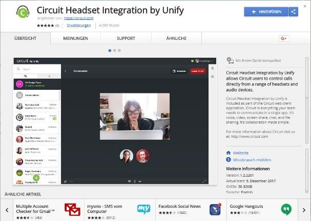 Circuit Headset Integration by Unify will be opened in the Google web store 7. Add the app to your Google Extensions 8.