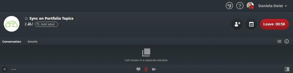 To close the separate window either click on the symbol with the open window on the bottom right or leave the call