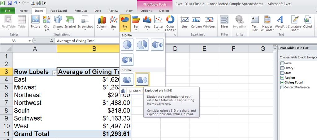 Pivot Tables Charts Like other tables, Excel 2010 can