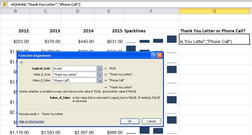 In the Logical_test field, click on the cell with the 2014 donation amount, enter the > (greater than) operator, click on the cell with the 2012 donation amount.