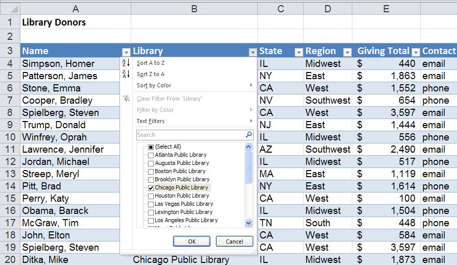 need. For instance, in this example, you can filter out all library donors except those who donated to the Chicago