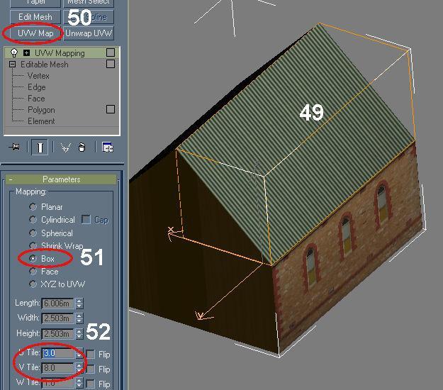 49. Select the roof plane again if not already selected. 50. Click the UVW Map Modifier (for tiling). 51. Select the Box option this maps in the vert and horiz axees, not up the slope. 52.