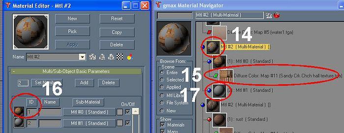 Now to load the second material as ID 2. 14. In the Navigator, click the orb of the Multi-Material to show the following screens. 15. Mtl #0 has the material Mtl #11 loaded as the wall. 16.