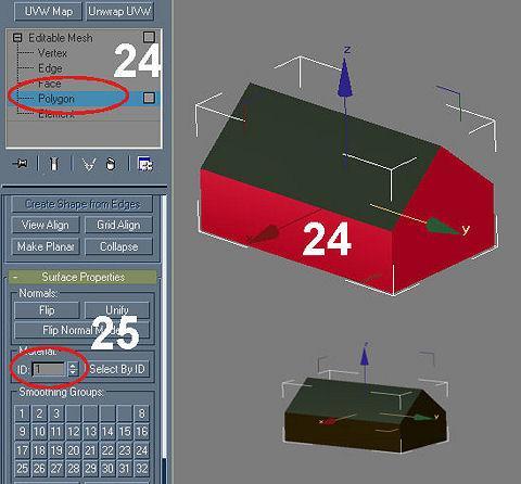 Select the new box and convert it to an editable mesh, delete the floor poly as not needed. We need to allocate material Ids to each of the surfaces, to match the wall and roof material.