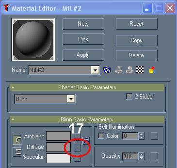 16. The Material Editor is still open so press the New button for the second texture, while the screen will change to show a blank orb and Mtl #2 in my case, it did not open the black Bitmap box, it