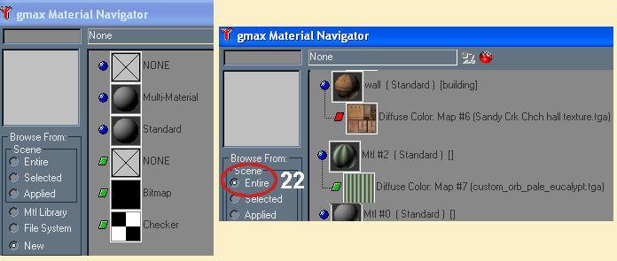 21. Open the Navigator to check the loaded textures 22. It will likely show no materials, just some standard symbols. Click the Entire button to show all the loaded Materials. 23.