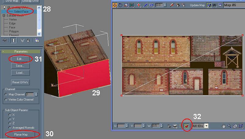 28. Click the Select Face button. 29. Click on one side face of the building - press F2 to show the selection in red to verify. 30. Click Planar Map.