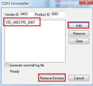 To remove an AnyplaceUSB-xCOM USB Serial Adapter device, it must be added into the device window,