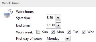 Select the Calendar menu item Set work hours Update work schedule to show others your usual work hours. This will adjust shaded sections on the days you select.