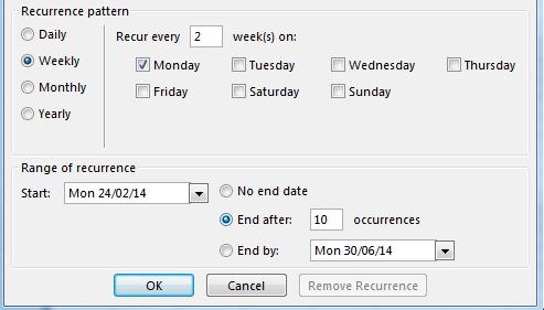 Recurring appointments When setting up a meeting: 1. Click the Recurrence button in the Options group 2.