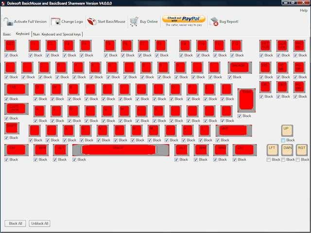 Keyboard page In the screenshot above all keys except the arrow keys are disabled.