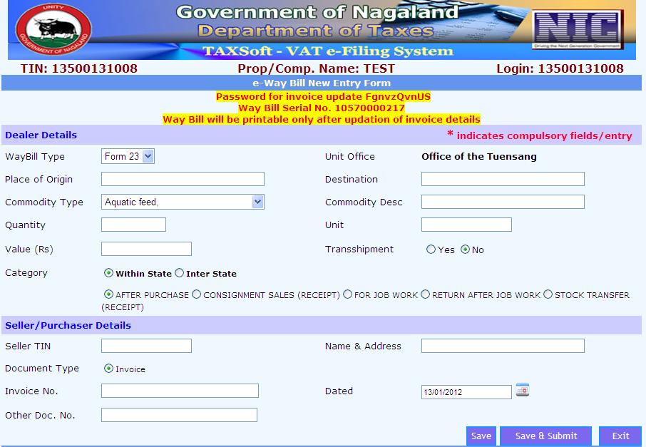 Transporters Login Page After the Password for Invoice and Way bill serial number has been generated, the dealer has to go back