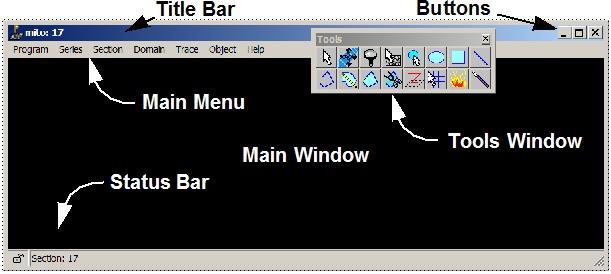 Main Window When RECONSTRUCT TM is started a main window appears along with the status bar, main menu and tools window (Fig 1.0).