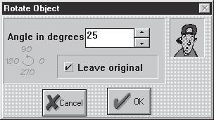 Edit Menu "Rotate..." Click this option to turn selected elements by a specified number of degrees. Click the up and down arrow nudge buttons to specify the angle of rotation.