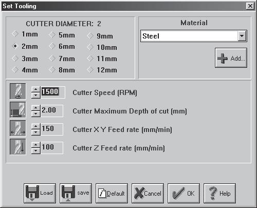 Create G-code Menu "Set G-code parameters..." Select this option to configure a machining parameters file, by clicking on the appropriate nudge buttons, diamond markers and dropdown lists.