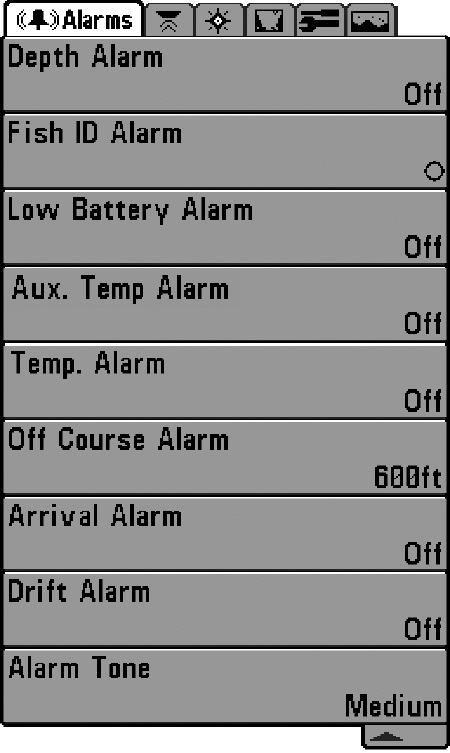 Alarms Menu Tab From any view, press the MENU key twice to access the Main Menu. The Alarms tab will be the default selection. NOTE: When an alarm is triggered, you can silence it by pressing any key.